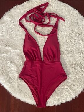 Cupshe Deep V Halter One-Piece Swimsuit - Berry Red